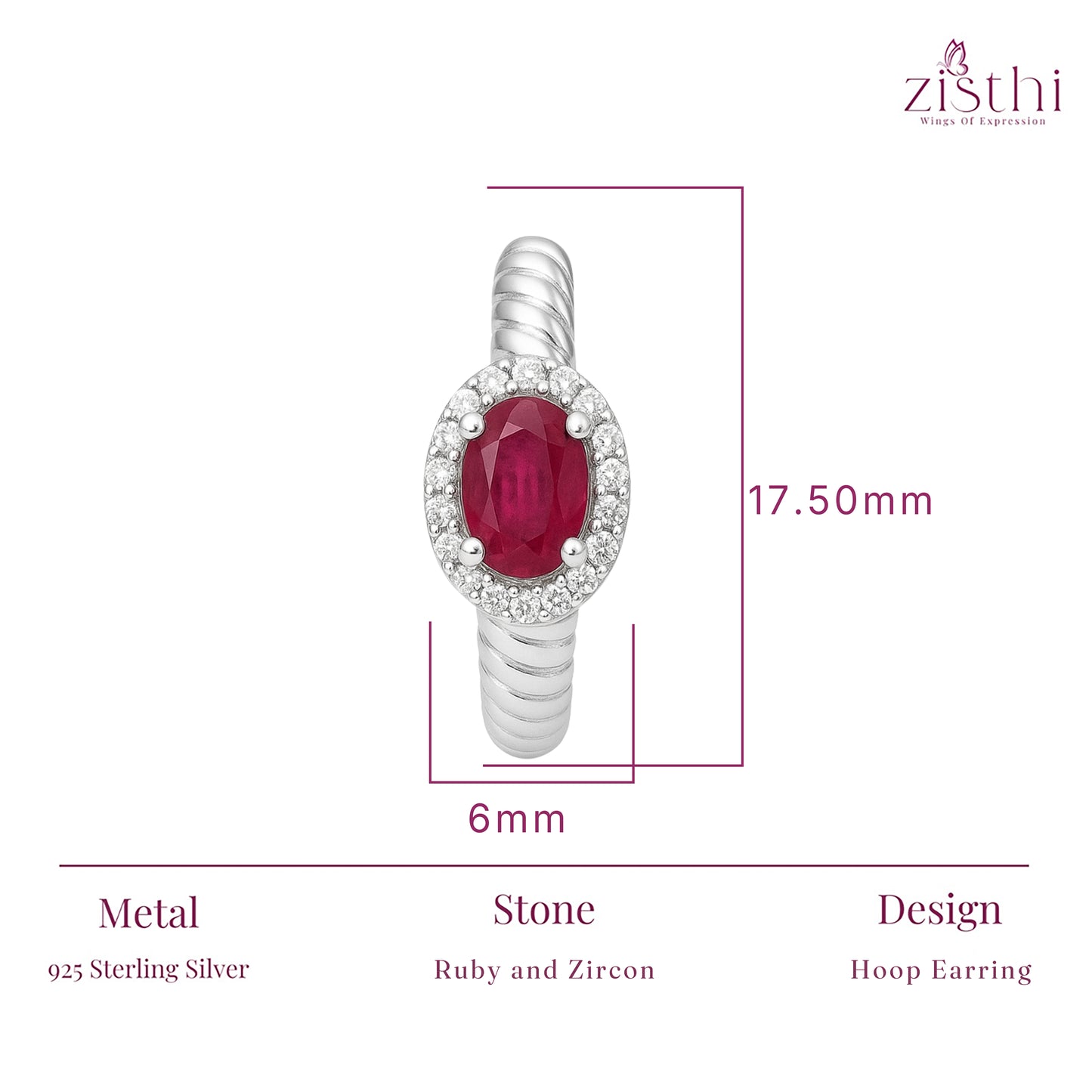 925 Sterling Silver Ruby Oval Hoop Earrings