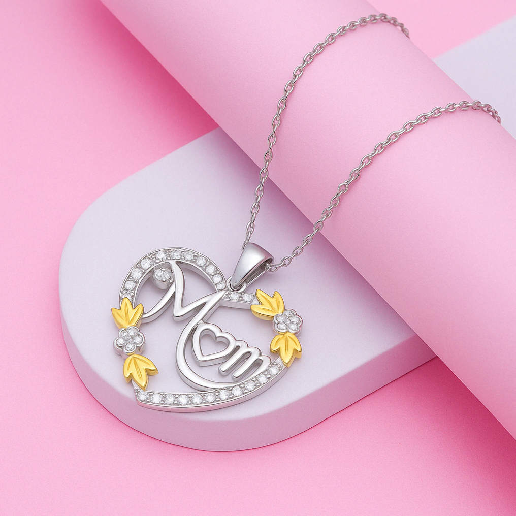 Yellow Gold MOM Heart Silver Pendant