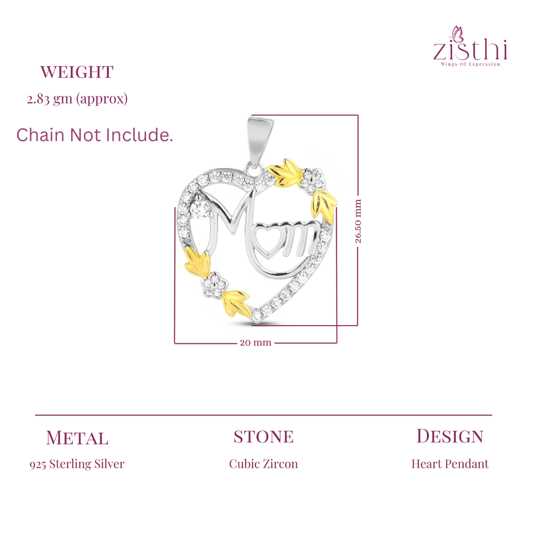 Yellow Gold MOM Heart Silver Pendant