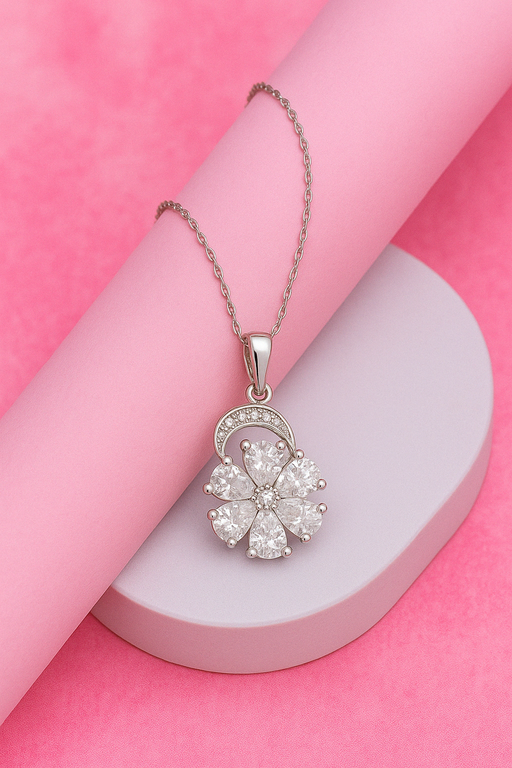 Silver Zircon Flower Pendant