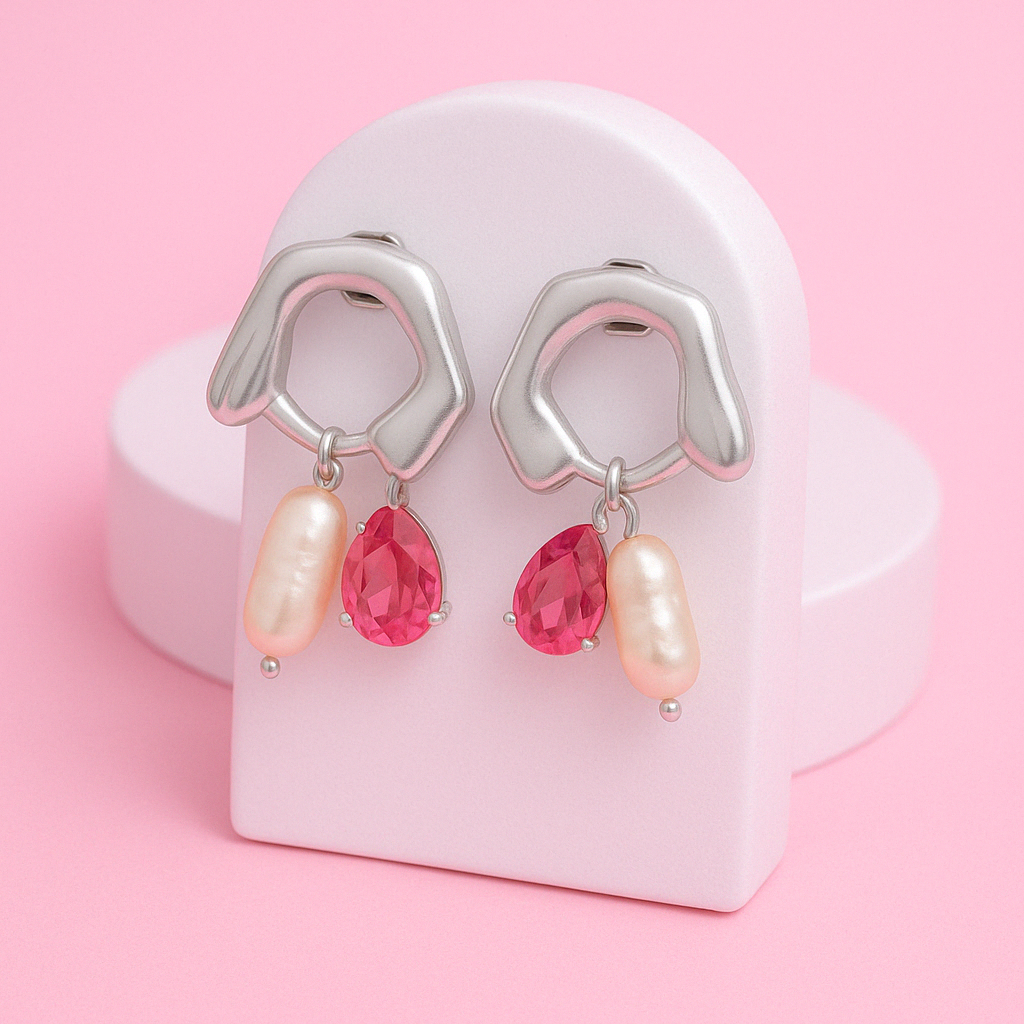 Red Zircon Pearl Drop Silver Earring