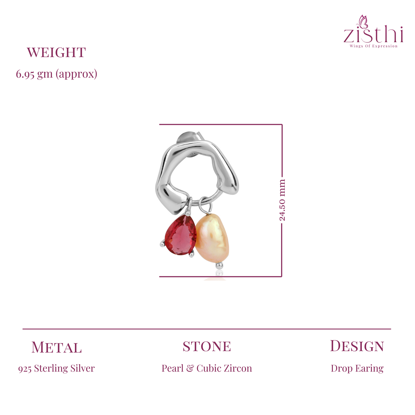 Red Zircon Pearl Drop Silver Earring