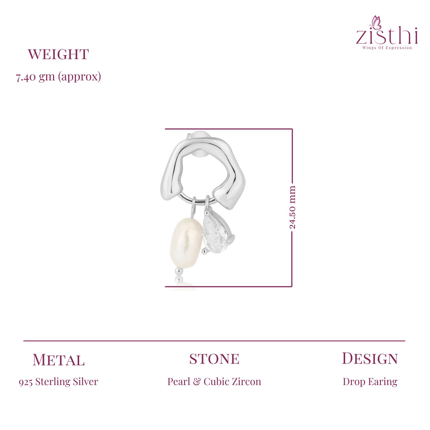 White Zircon Pearl Drop Silver Earring