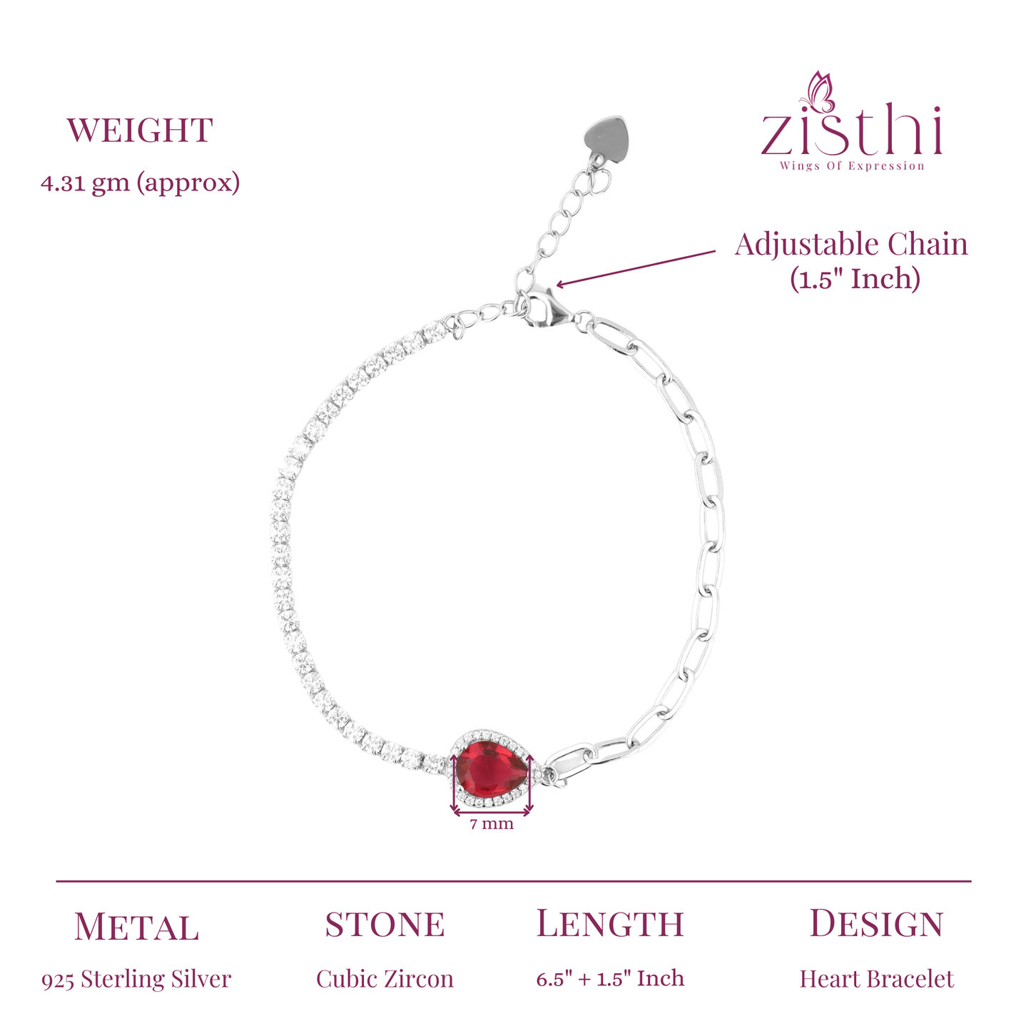 Red Pear Zircon and Paperclip Linking Silver Bracelet 6.5"+1.5" inch