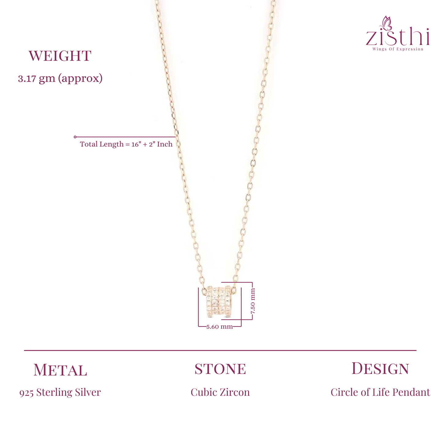 Rose Gold Circle Of Life Silver Necklace 16"+2" inch Chain