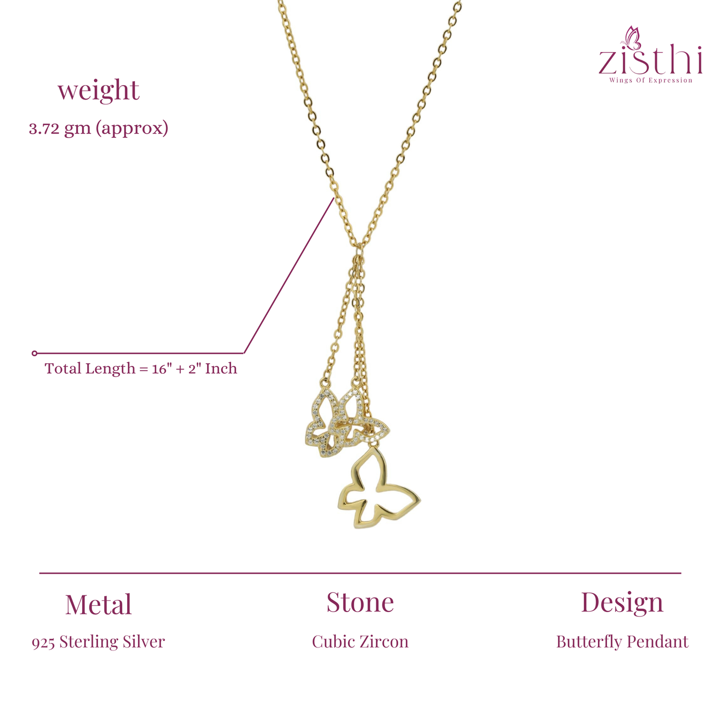 Yellow Gold Charming Butterfly Silver Necklace 16"inch+2" Inch Chain