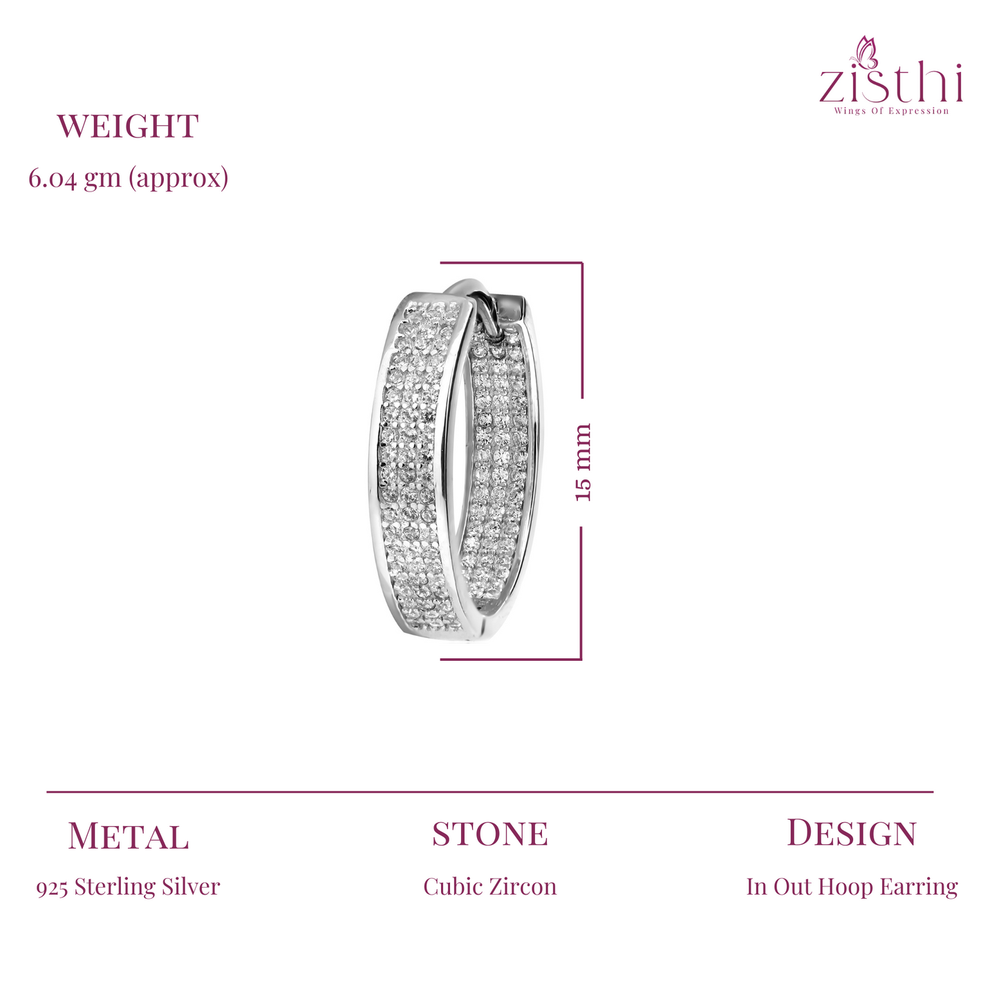 Diamond look 3 Row Zircon Inout Hoop Earring 15MM