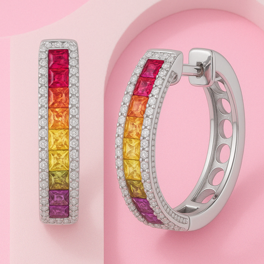 Silver Rainbow Sapphire Baguette Hoop Earring 15MM