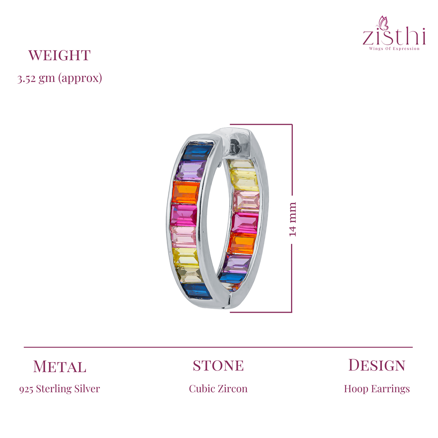 Silver Rainbow Sapphire Baguette Hoop Earring 14MM