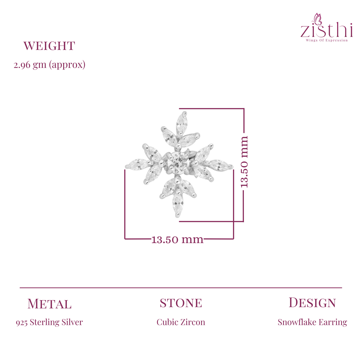 Zircon Snowflake Silver Earring