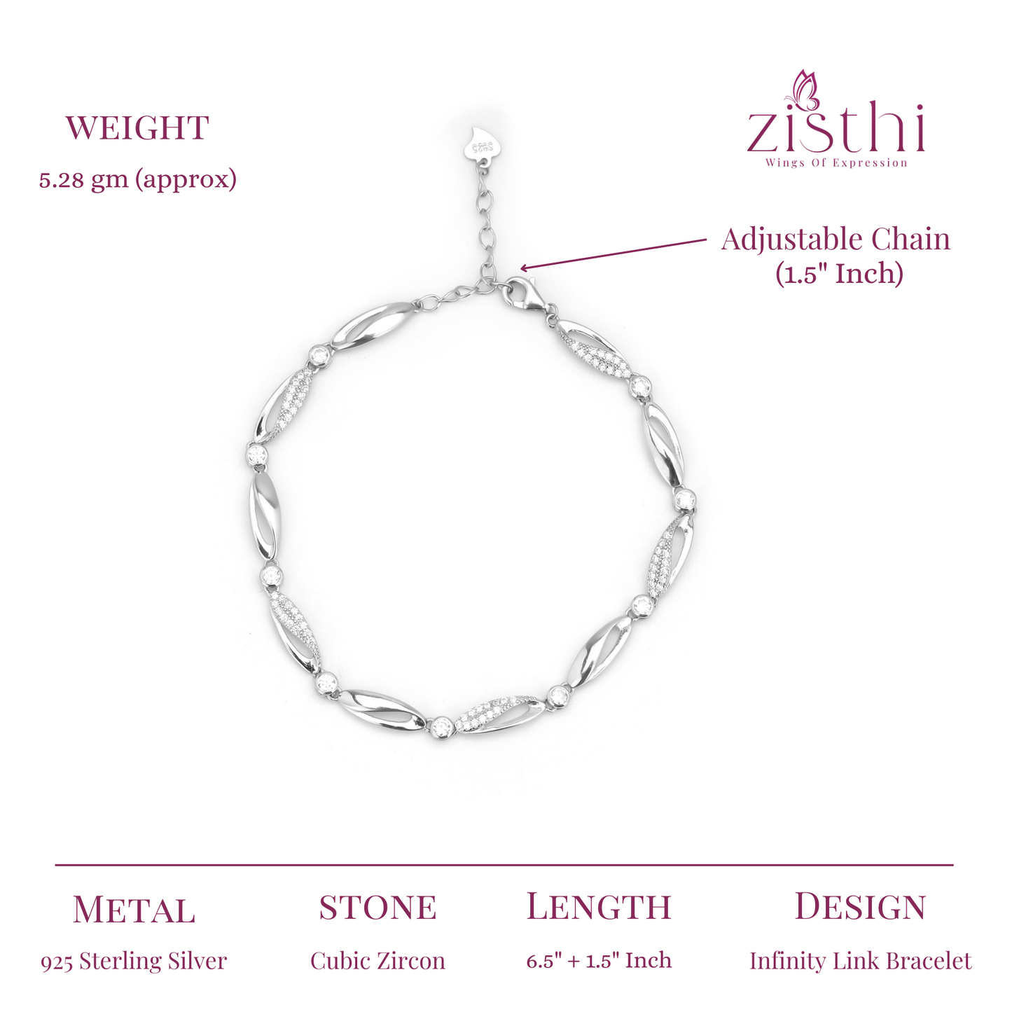 Forever Infinity Link Silver Bracelet 6.5" Inch+1.5" Inch