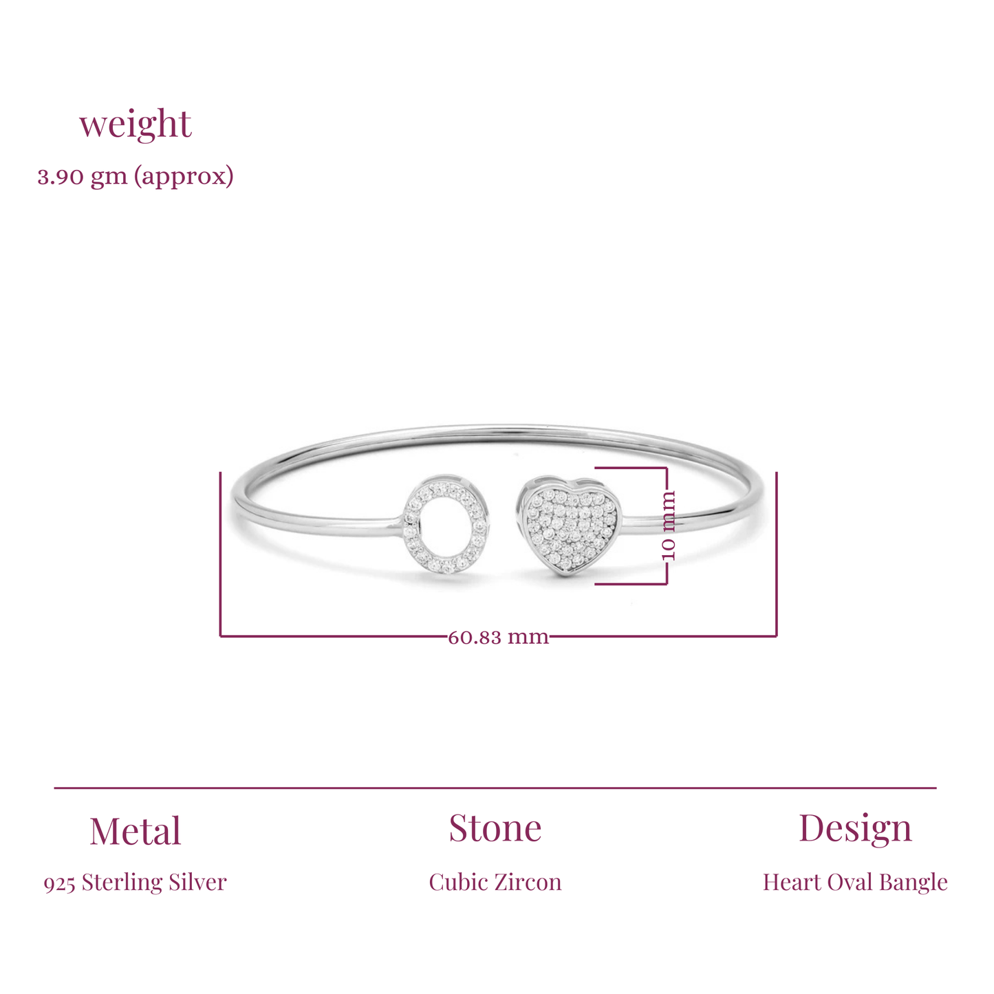 Zircon Heart Oval Silver Bangle