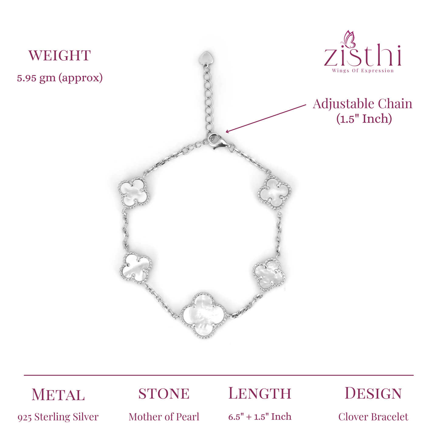 Inlay Clover Silver Linking Bracelet 6.5"+ 1.5" inch