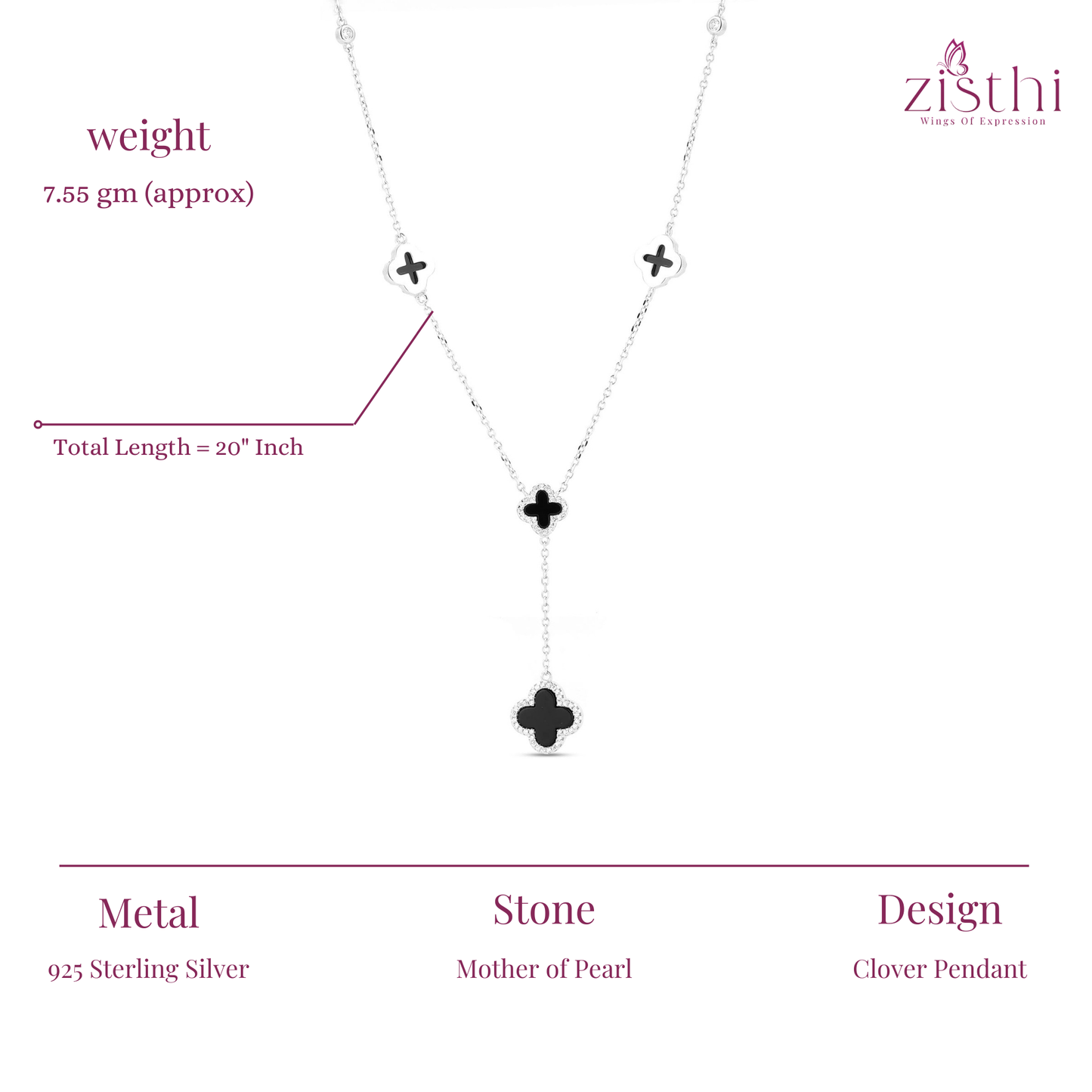Black Inlay Clover Silver Linking Necklace 20"Inch