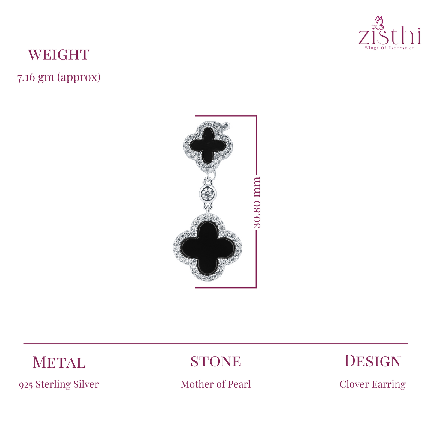 Black Inlay Clover Silver Earring