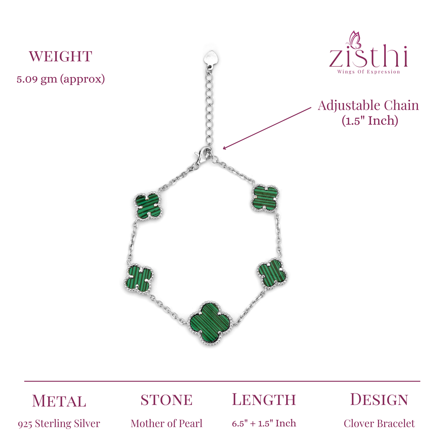 Green Inlay Clover Silver Linking Bracelet 6.5"+1.5" inch
