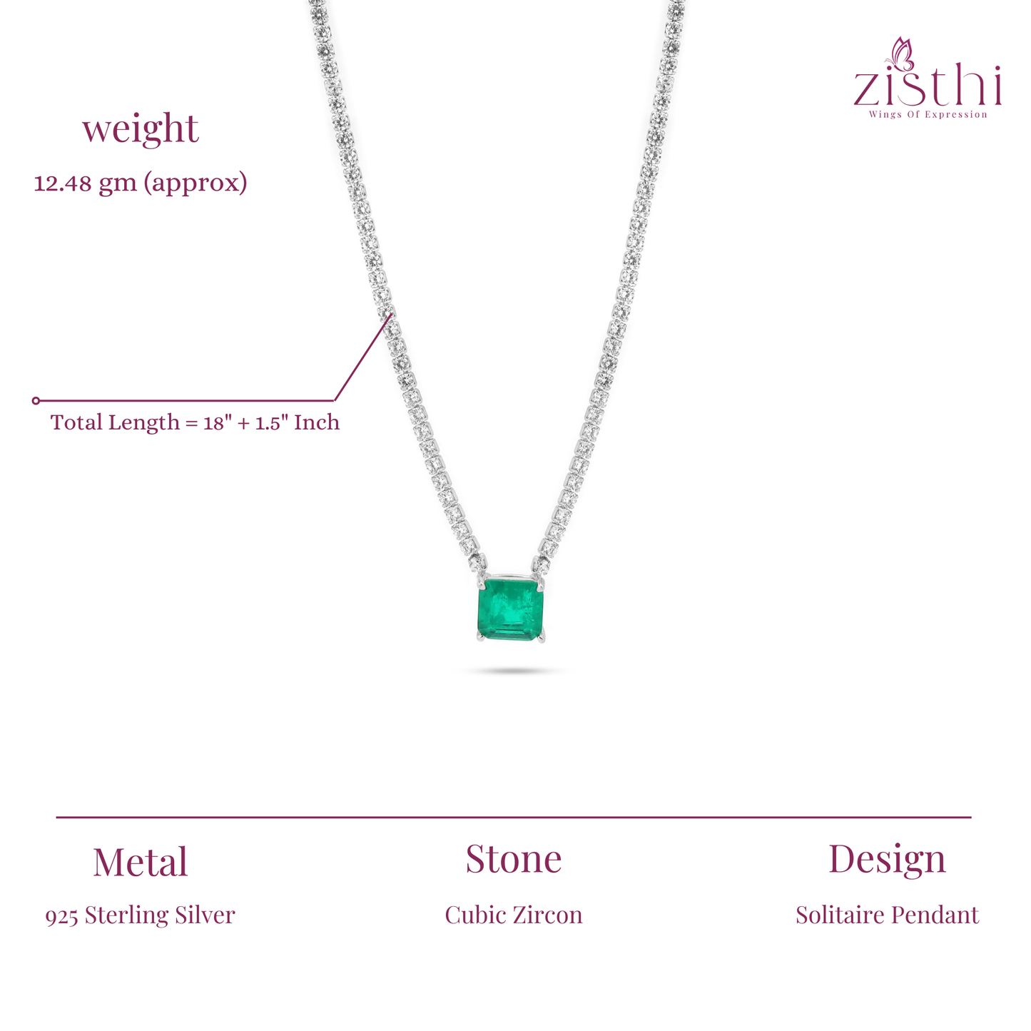 Silver Square Emerald Zirconia Tennis Necklace 18"+1.5 Inch