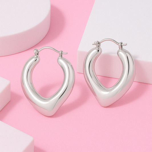 Silver Puffy Heart Hoop Earring