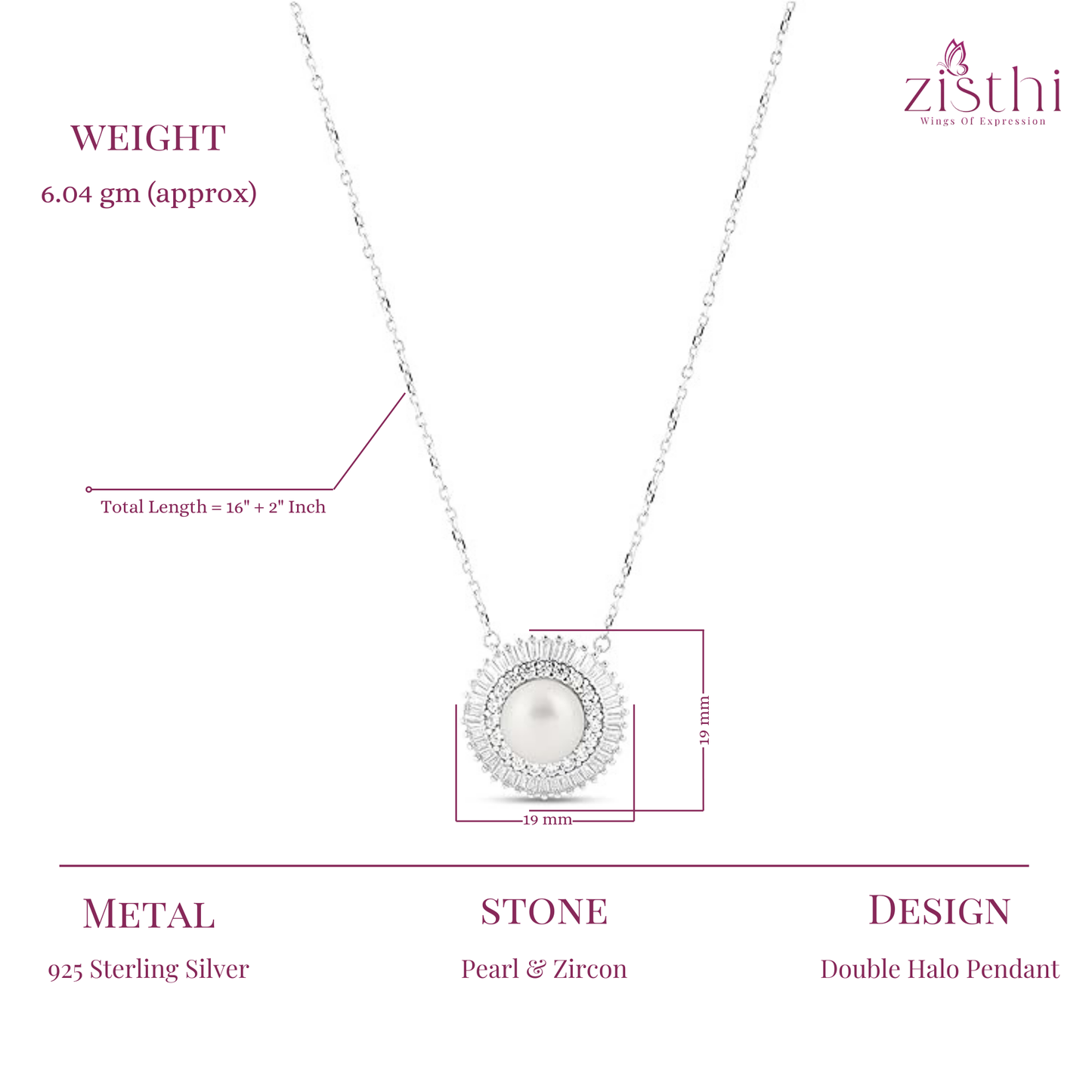 Round Double Halo Pearl Silver Pendant 16"+2" inch