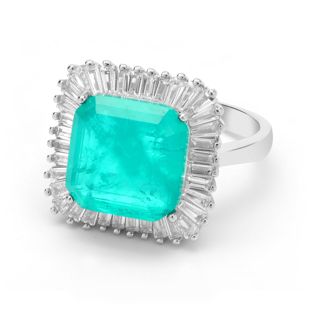 Sparkling Emerald Cocktail Silver Ring