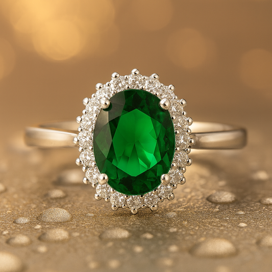 Diana Inspired Halo  Ring In 925 Sterling Silver (Emerald)