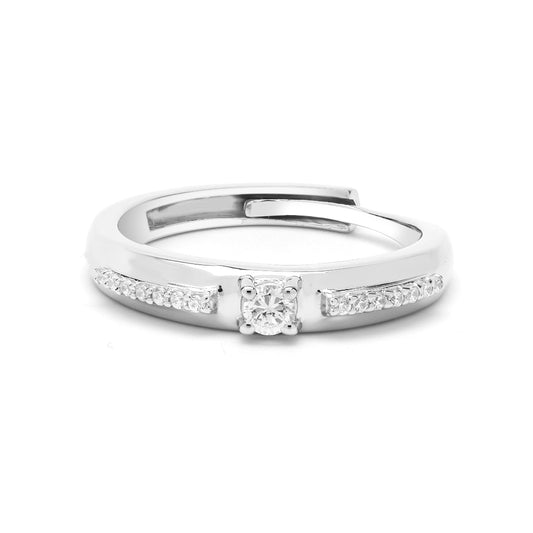Sleek Solitaire & Pave Set Adjustable Ring In 925 Sterling Silver