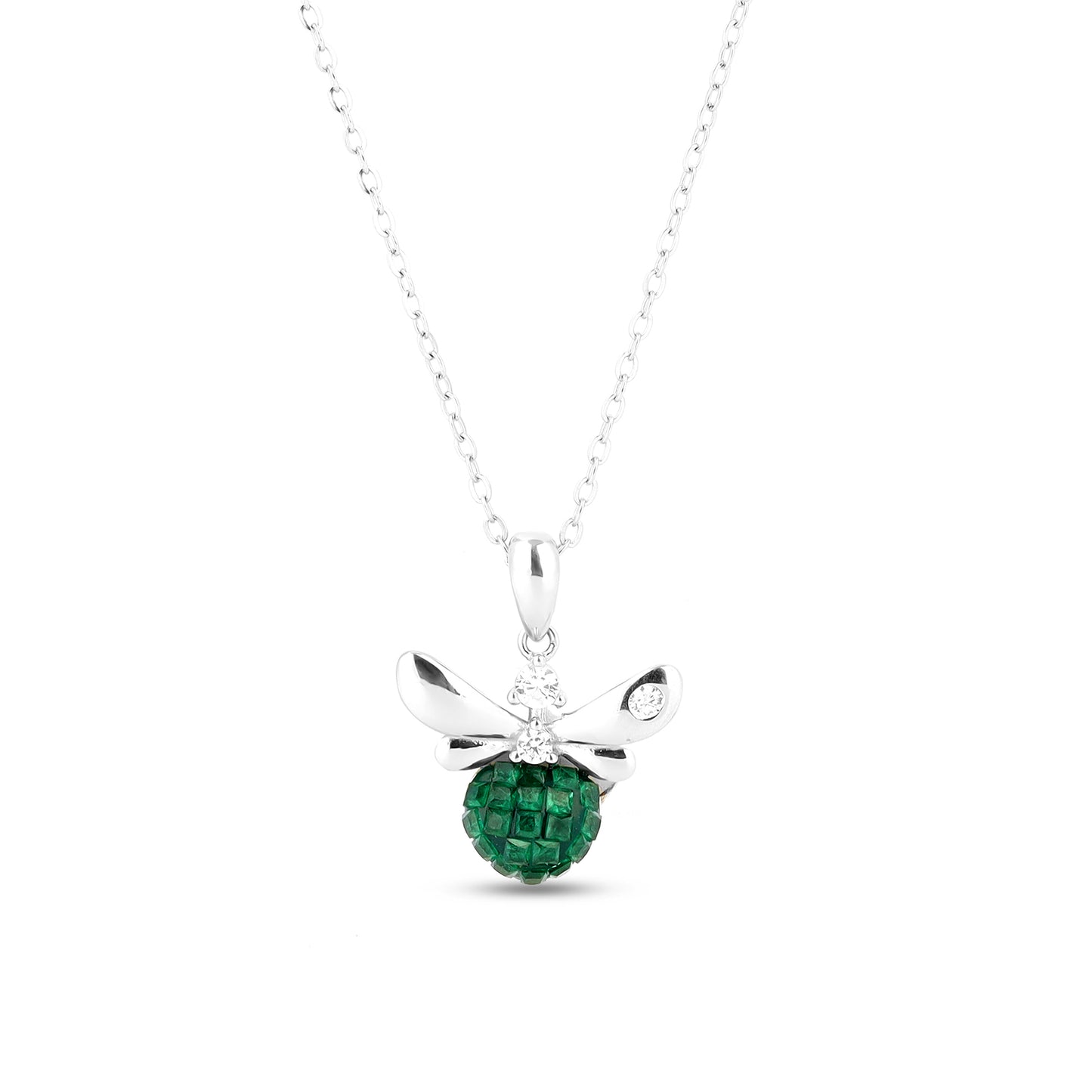 Silver Cheery Green Bee Necklace 16"+2" inch
