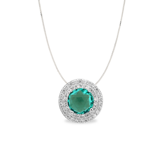 Simulated Diamond Paraiba Tourmaline Double Halo Pendant