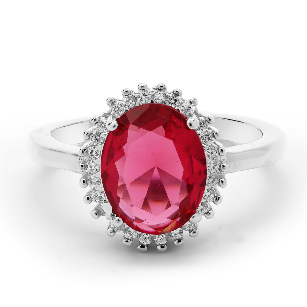 Diana Inspired Halo Ring In 925 Sterling Silver (Ruby Red)