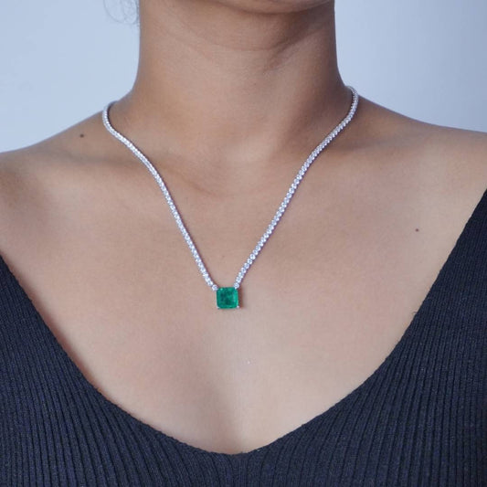 Silver Square Emerald Zirconia Tennis Necklace 18"+1.5 Inch