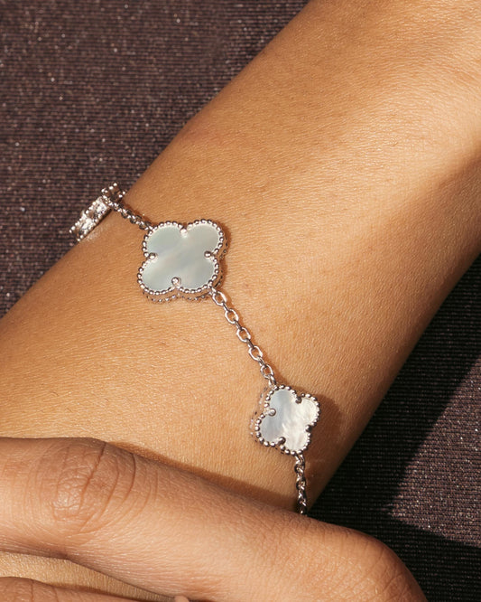 Inlay Clover Silver Linking Bracelet 6.5"+ 1.5" inch