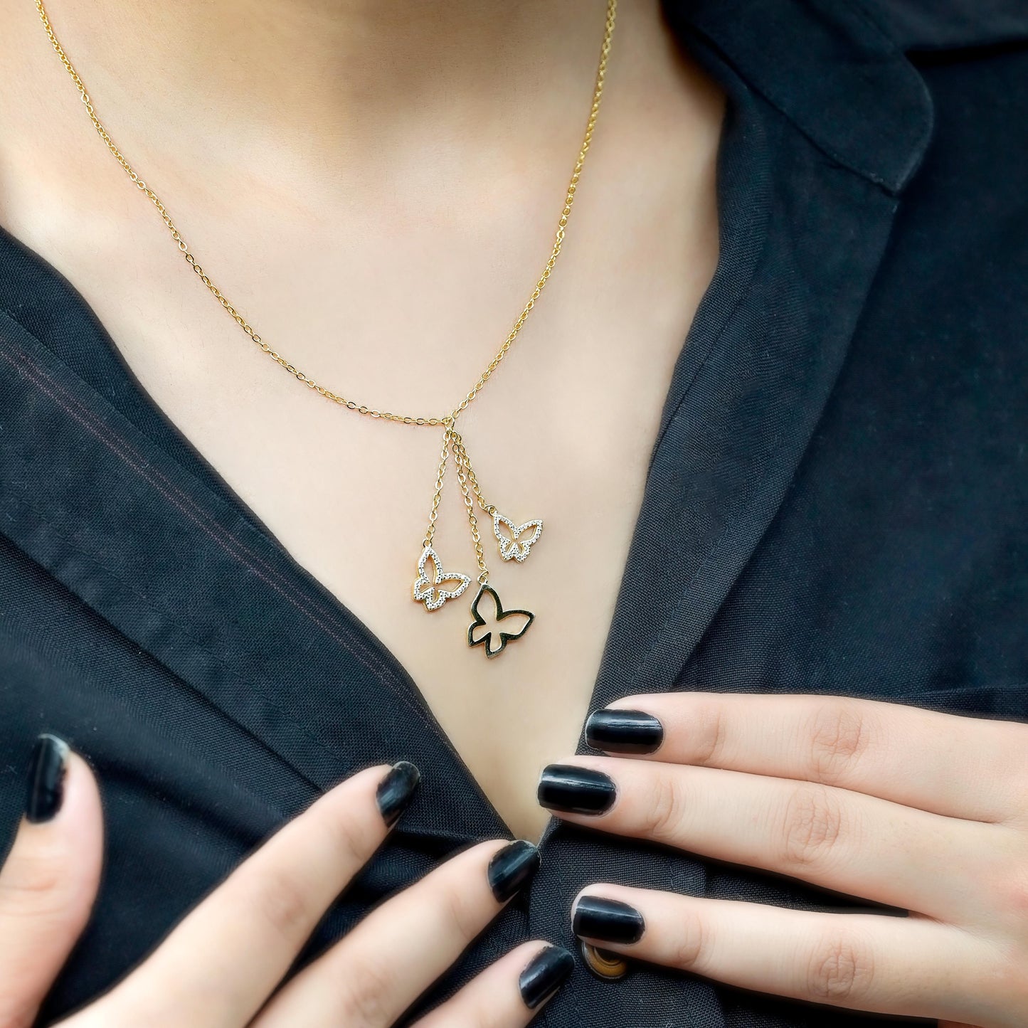 Yellow Gold Charming Butterfly Silver Necklace 16"inch+2" Inch Chain
