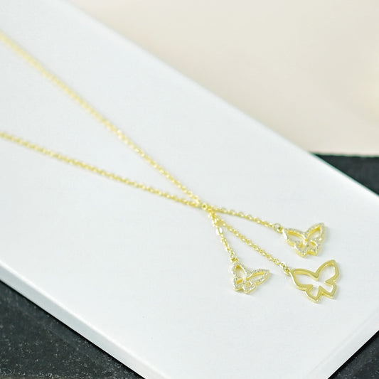 Yellow Gold Charming Butterfly Silver Necklace 16"inch+2" Inch Chain