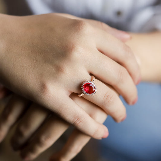 Diana Inspired Halo Ring In 925 Sterling Silver (Ruby Red)