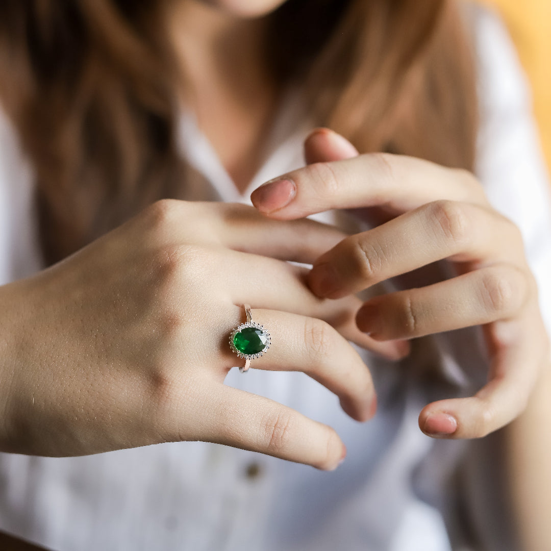 Diana Inspired Halo Ring In 925 Sterling Silver (Emerald)