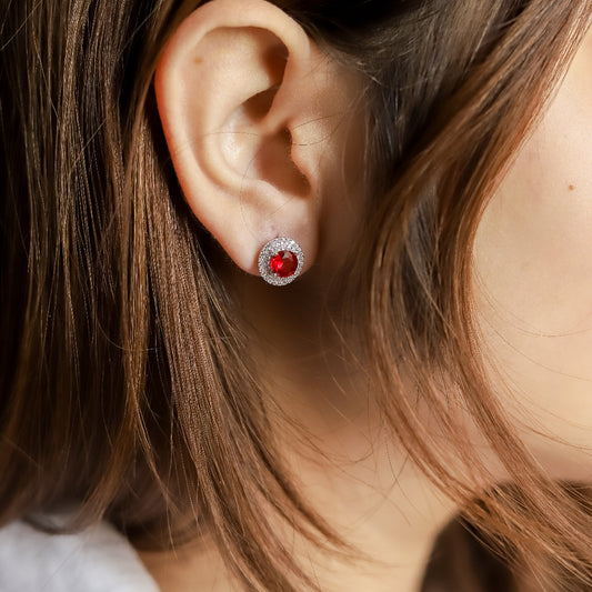 Simulated Diamond Ruby Tourmaline Double Halo Eaaring