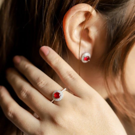 Simulated Diamond Ruby Double Halo Ring