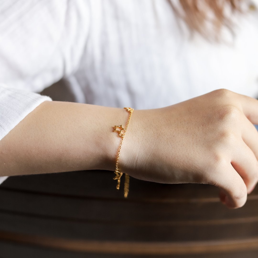 Adjustable Chain Bracelet with Star and Moon Charms 6.5+2" Inch Chain