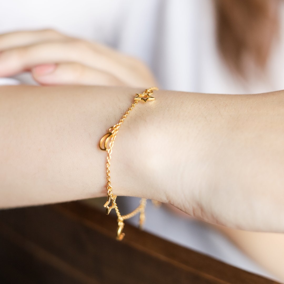 Adjustable Chain Bracelet with Star and Moon Charms 6.5+2" Inch Chain