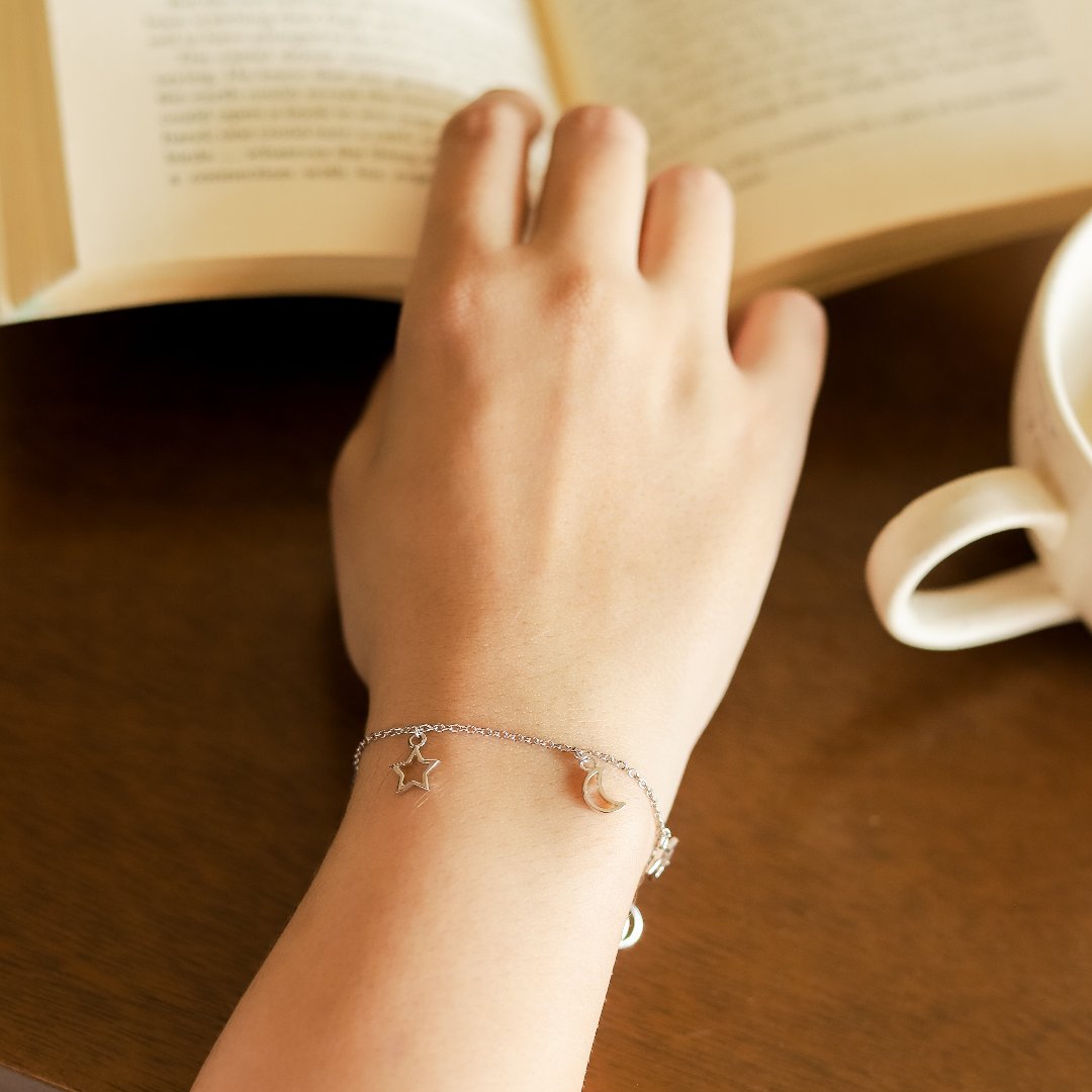 Adjustable Chain Bracelet with Star and Moon Charms 6.5+2" Inch Chain