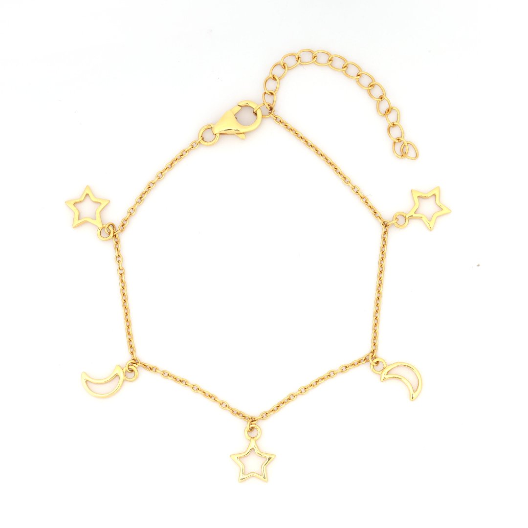 Adjustable Chain Bracelet with Star and Moon Charms 6.5+2" Inch Chain