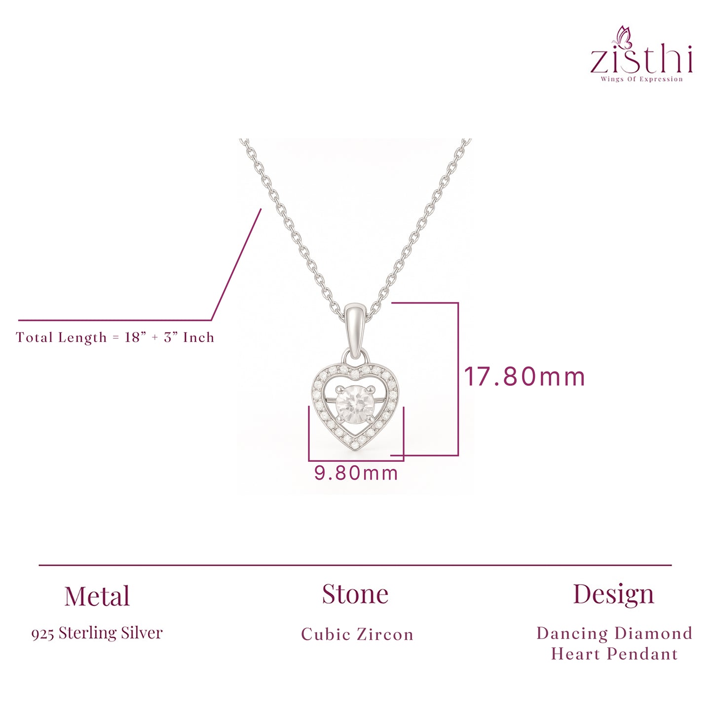 925 Sterling Silver Dancing Diamond Heart Pendant Necklace