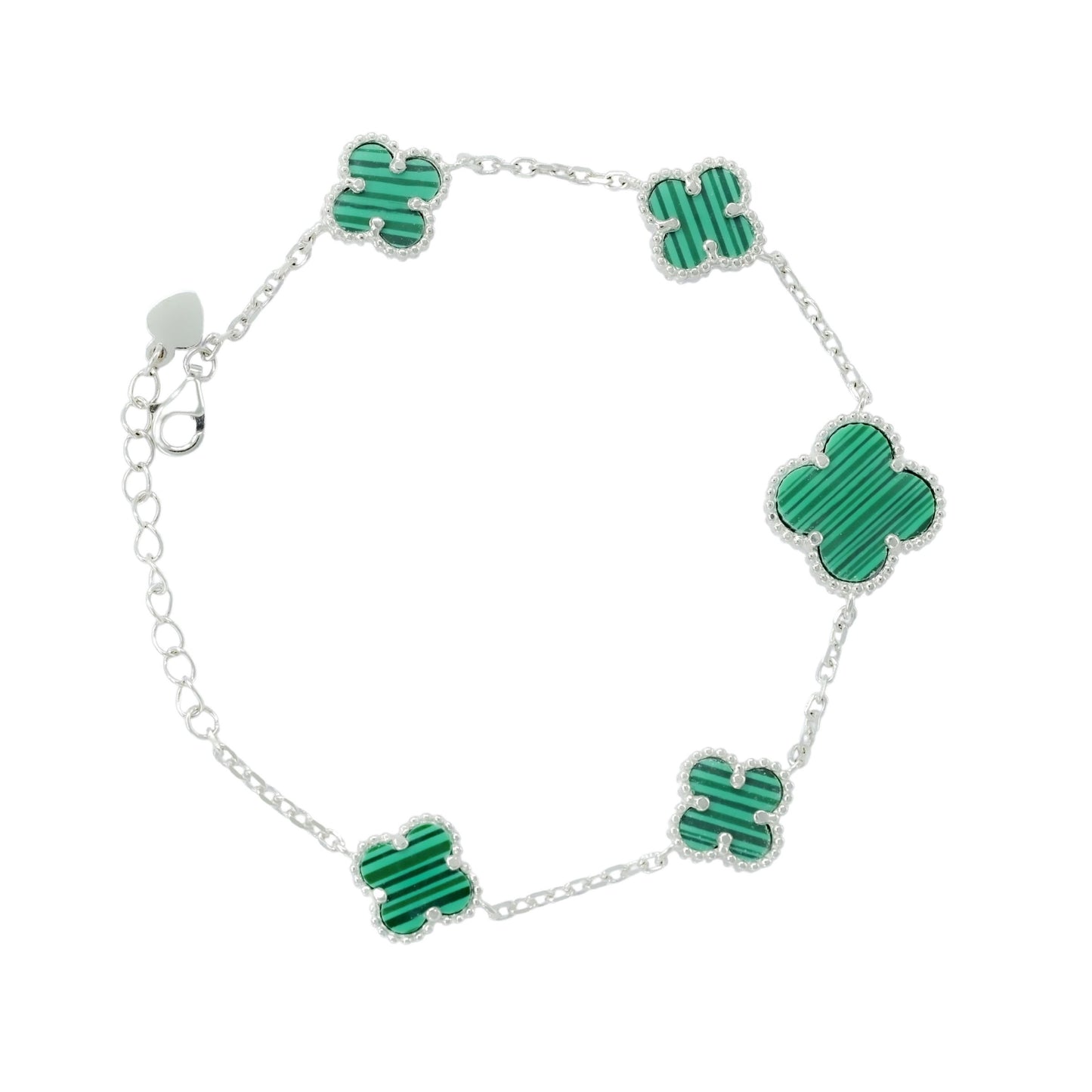 Green Inlay Clover Silver Linking Bracelet 6.5"+1.5" inch
