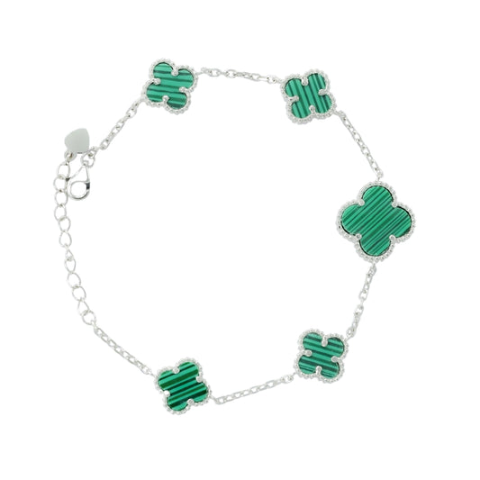 Green Inlay Clover Silver Linking Bracelet 6.5"+1.5" inch