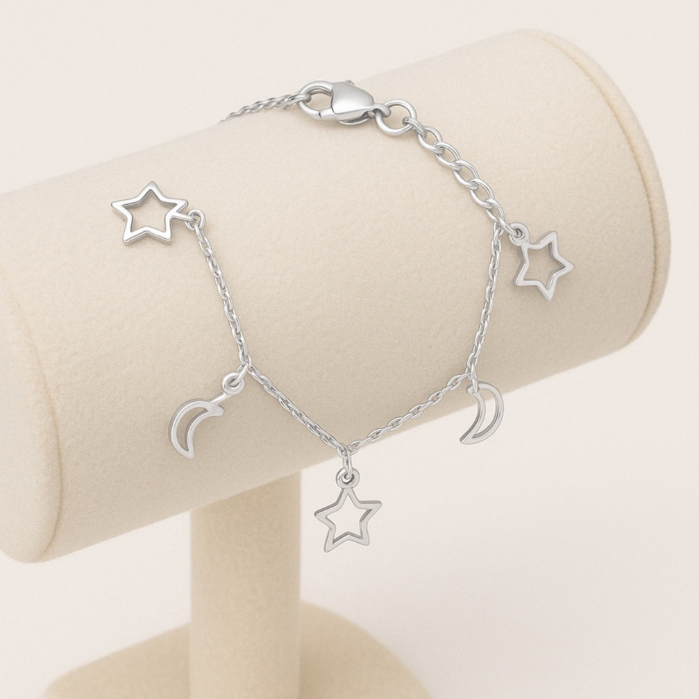 Adjustable Chain Bracelet with Star and Moon Design 6.5+2" Inch Chain
