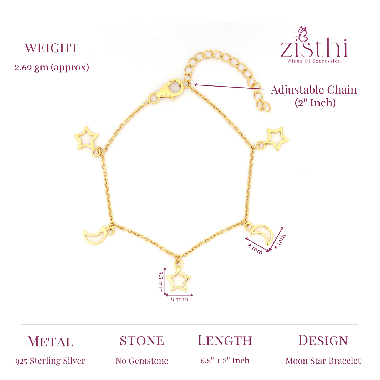 Adjustable Chain Bracelet with Star and Moon Charms 6.5+2" Inch Chain