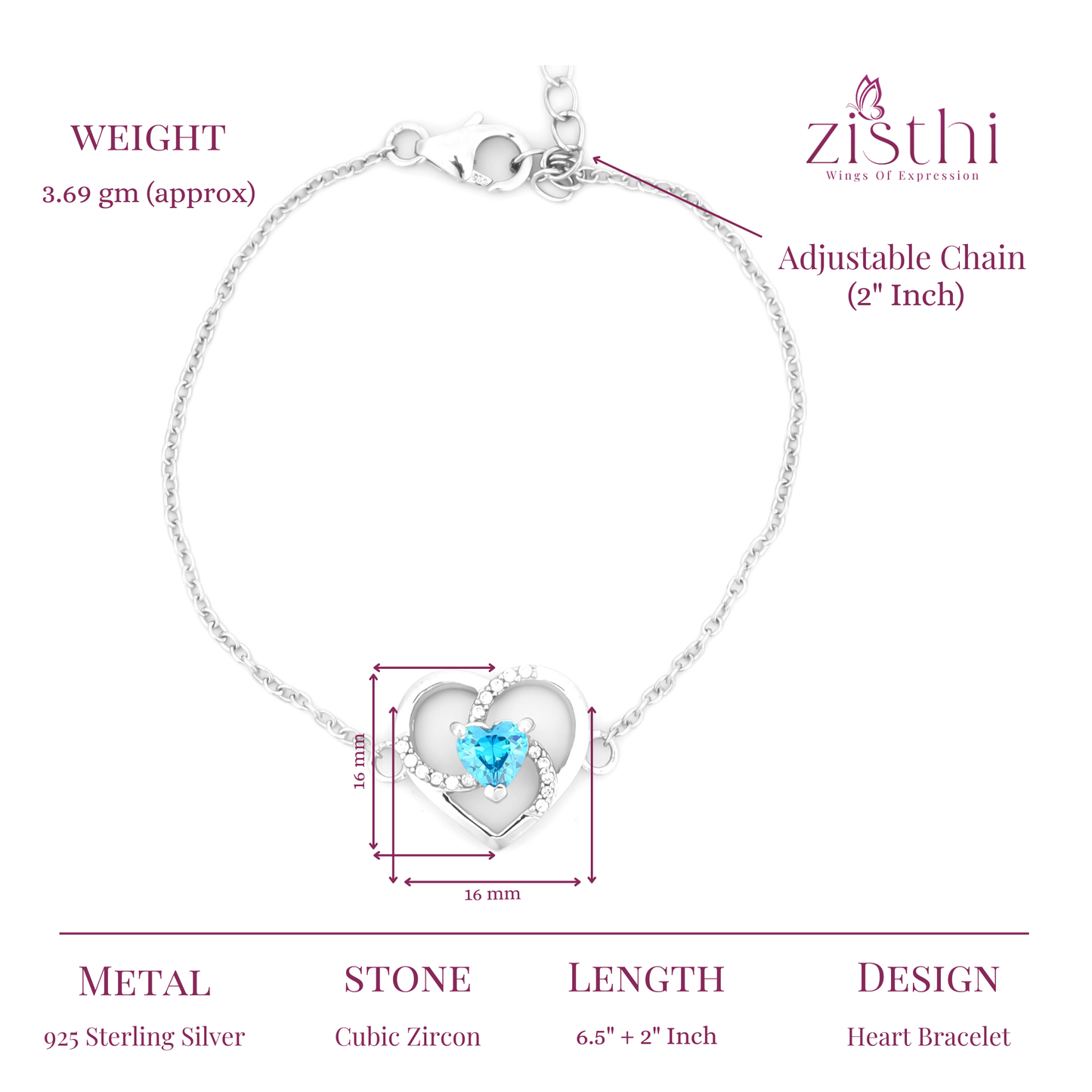 Bracelet with Heart and Adjustable Fit 6.5+2" inch