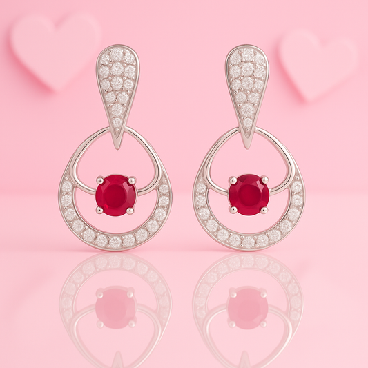 925 Sterling Silver Ruby and Zircon Circle Drop Earrings