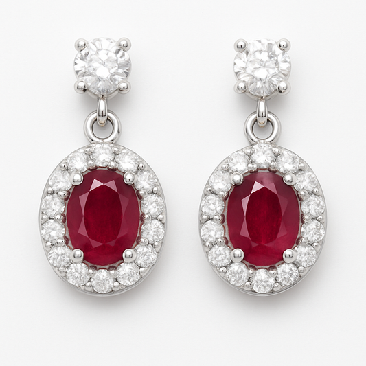 925 Sterling Silver Ruby Oval Halo Zircon Drop Earrings