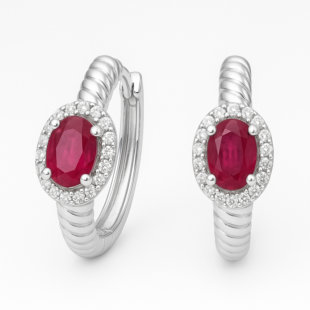 925 Sterling Silver Ruby Oval Hoop Earrings